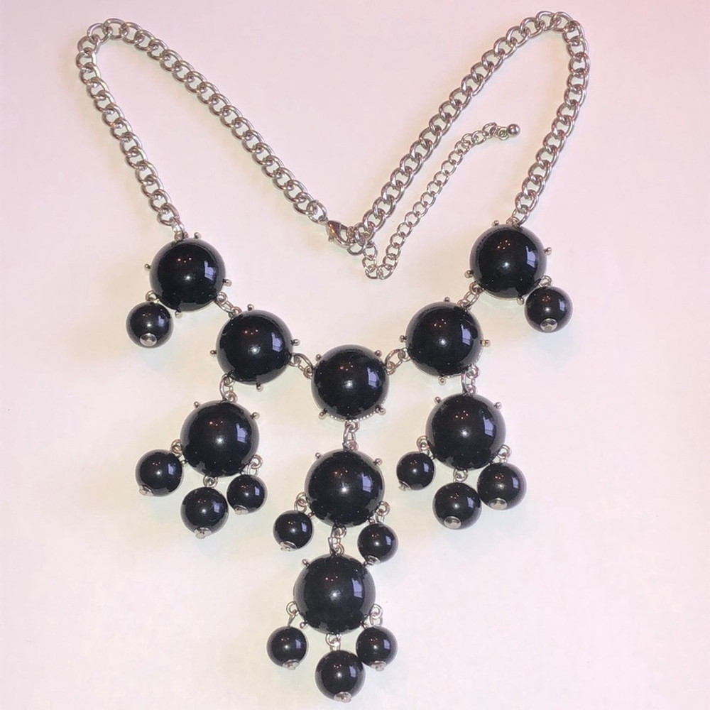 Silver Tone & Black Dangling Boho Retro Statement Necklace